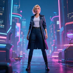 a beautiful detective woman with blonde hair, a cyberpunk city, volumetric light, by weta fx, by wlop, neon, futuristic, octane renderer, full body