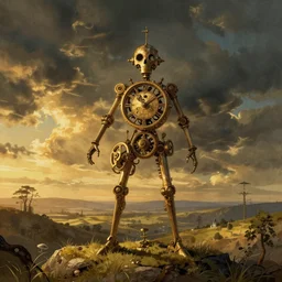 clockwork figure, golden hour, illustration by Brian Froud and John Bauer