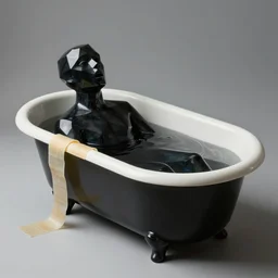 extreme harsh lighting antique photograph of geometric surreal sculpture of a human drowning in a bathtub of its own bad dreams, made of electrical tape and silicone tubing and black glass wire, fractal 3 d structure, sculpted by barbara hepworth and naum gabo, photographed by francesca woodman, grainy high contrast shocking detail trending on artstation 8 k