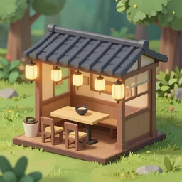 outside view of miniature classy ramen shop with chinese lamps, table and chairs, situated in an enchanted forest, studio ghibli style, hayao miyazaki universe, spirited away, clean, low poly art, detailed, isometric view, artstation, behance, global illumination, 3 d illustration, kawaii, pastel colors