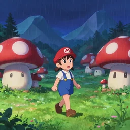 beautiful anime girl walking in rainy mushroom village at night, super mario style, red and white spotted mushroom houses, geometric mountains in distance, landscape, anime key visual, digital art, anime screenshot, kyoto animation, makoto shinkai, trending on artstation