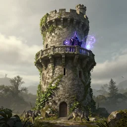 a detailed concept art of a a medieval dirty stone tower covered in poison ivy. a powerful wizard in the tower balcony. magical protection. magical wizard. magic. a wolf in the ground. gopro. morning. trending on artstation, craig mullins, rutkowski