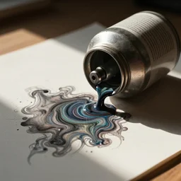 airbrush of spilled jar of swirling ink shimmering on a desk, dramatic afternoon lighting, intense watercolor, heavy metal, by moebius