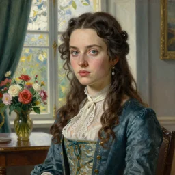 museum painting, wide - shot, photo of very striking young eva green in the age of 1 7, perfectly detailed eyes, dressed in 1 8 th century clothes, laces, by the window, table with flowers, sharp focus, highly detailed, digital art, oil painting, masterpiece, artgerm, rutkowski, mucha, kinkade