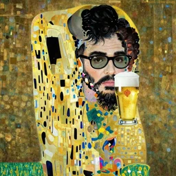 klimt moebius art style long black braid beard thick eyebrows  black short hair colin farrell ray ban glasses drinking a pint of beer