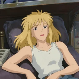 Character portrait of a tank top-clad blonde female airship mechanic resting in her cramped bunk, steampunk, beautiful face, striking eyes, highly detailed, digital art, cel shading, anime still, by Hayao Miyazaki and Akira Toriyama