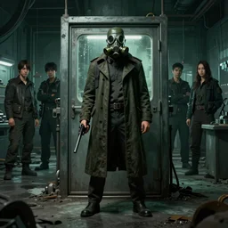 UHD hyperrealistic photorealistic detailed image of a man in a longcoat and gas mask wielding an pistol, from the Stalker video game series standing in front of an laboratory door, in a ruined and dark underground lab with a green undertone by Ayami Kojima Amano Karol Bak, Greg Hildebrandt and Mark Brooks