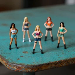 miniture figurines of the Spice Girls on a rusty teal colour table, HD 8K, depth of field, fstop 1.4, boken, dynamic lighting