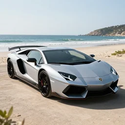 A beautiful silver Lamborghini aventador on the beach, 8k, ray tracing