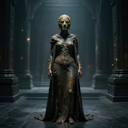 the full body shot of woman in bronze mask who take of her face covered with wax inside the dark temple without doors and windows | interstellar movie by ridley scott with cinematogrophy of christopher doyle and art direction by hans giger, anamorphic bokeh and lens flares, 8 k, higly detailed masterpiece, fog