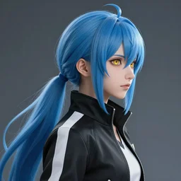 profile shot of rimuru tempest looking forward, sky blue hair, ponytail, pretty, long bangs, gold eyes, black jacket with white stripes and a high collar, highly detailed, unreal engine 5, digital painting, concept art, cinematic, wlop | artgerm, pixiv, ilya kuvshinov, greg rutkowski, yoshitaka amano