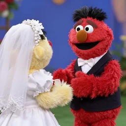 a still bert and ernie from sesame street saying wedding vows. at wedding. getting married. close up. shallow depth of field.