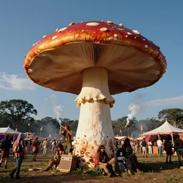 70s photo of giant mushroom smoking a joint at trippy psychedelic hippy festival Woodstock