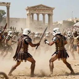 gladiators in stormtrooper helmets, fighting in olympus, with dense crowds and dusty atmospherics