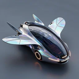 photo of a futuristic pod organic vehicle with aerodynamic fins, box - shaped dark glass and plastic, venturi tunnels, neon lights, dragonfly shape, octane render, iridescent skin