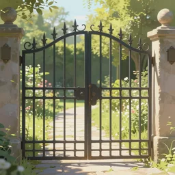 beautiful digital painting high quality clear of wrought iron garden gate with a tranquil garden in the background and stone ground  Aenami, artstation behance