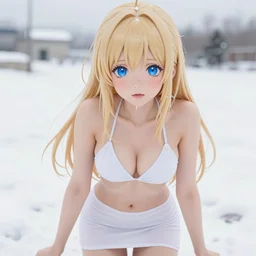 winter picture : a shivering very beautiful young blond anime girl, detailed sky blue eyes, cute, bikini, white miniskirt, highly detailed, cinematic wallpaper by stanley artgerm lau