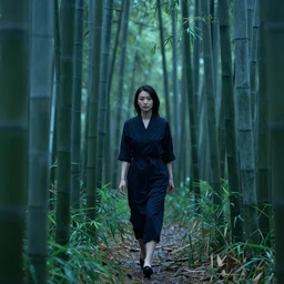 beautiful japanese woman walking through a bamboo forest in the rain, greg rutkowski, drab blue greens, dark greens
