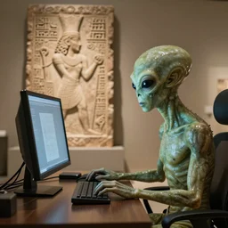 an alien working on a computer, ancient sumerian carving