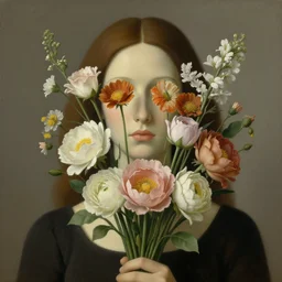 portrait of a woman, face hidden by beautiful flower bouquet, by rene magritte, detailed painting, hd, hq, high resolution, high detail, 4 k, 8 k