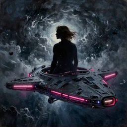 silhouette of Elle Fanning on spaceship, stormy weather, extremely detailed masterpiece, oil on canvas, low-key neon lighting, artstation, Blade Runner 2049, Roger Deakin’s cinematography, by J. C. Leyendecker and Peter Paul Rubens,