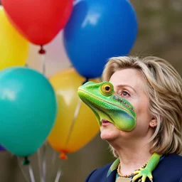 Hillary Clinton with a lizard face looking at brightly colored balloons, photo, detailed, 4k
