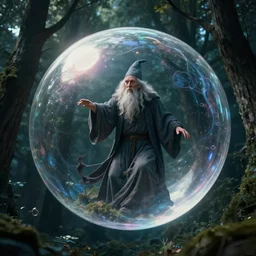 an old wizard trapped inside a floating soap bubble among the trees, ethereal, fantasy, style of tom hildebrandt, dramatic lighting