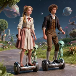 detailed, sharp, a girl and a boy riding their hoverboards with their pet alien creature, wearing 1860s era clothes, in a park on an alien planet, extremely highly detailed, hyperrealistic, highly detailed faces, 70 mm still from a period sci fi movie, 4k, HD