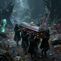 A beautiful art installation of a coffin being carried by six men through an ethereal, otherworldly landscape. The coffin is adorned with a relief of a skull and crossbones, and the men are all wearing hooded cloaks. The landscape is eerie and foreboding, with jagged rocks and eerie, glowing plants. slow shutter speed by Jeffrey Smith haunting