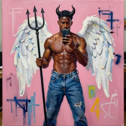 A mirror selfie of a black handsome muscular man with white angel wings and black devil horns holding an iPhone, pitchfork, full body, pink background, abstract jean-Michel Basquiat!!!!!!!! oil painting with thick paint strokes!!!!!!!!, oil on canvas, aesthetic, y2k!!!!!!, intricately!!!!!!!! detailed artwork!!!!!!!, trending on artstation, in the style of jean-Michel Basquiat!!!!!!!!!!!!, by jean-Michel Basquiat!!!!!!!!!!!