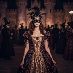 lomography, full body portrait photo of reol in a castle interior at a masquerade party wearing an ornate dress, moody, realistic, dark, skin tinted a warm tone, light blue filter, hdr, rounded eyes, detailed facial features, very dark