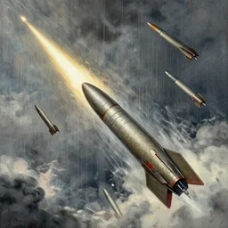 missiles raining from the sky, concept art, trending on artstation, wlop, ross draws, digital painting, mixed media, intricate details,