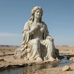 Massive giant 65-year-old giant Gaia Goddess crying as she sits on a dried up river in a desolate land, blue sky, hot and sunny, highly-detailed, elegant, dramatic lighting, artstation, 4k, cinematic landscape