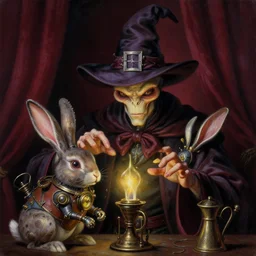 a close - up portrait painting of an alien wizard magician performing magic on a steampunk rabbit. studio lighting. maroon curtains, gloomy dark atmosphere. highly detailed science - fiction painting by norman rockwell, moebius, frank frazetta, and syd mead. rich colors, high contrast. artstation