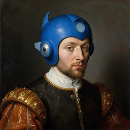 1 4 0 0 s renaissance portrait of megaman oil painting by jan van eyck, northern renaissance art, oil on canvas, wet - on - wet technique, realistic, expressive emotions, intricate textures, illusionistic detail