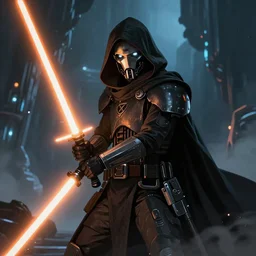 A KX-Series security droid from star wars wearing a hooded cloak, he is wielding an orange lightsaber, dreamscape, dramatic lighting, fantasy art illustration, trending on artstation, Aetherpunk