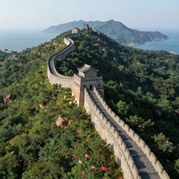 the great wall of china holding the ocean, aerial view