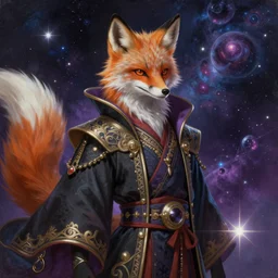 a stylized realistic painting of an avatar of an awesome cosmic powerful luxurious foxfolk mage themed around death and the cosmos, in the style of dnd beyond avatar portraits, beautiful, artistic, elegant, lens flare, magical, lens flare, nature, realism, stylized, art by jeff easley and genndy tartakovsky and hayao miyazaki