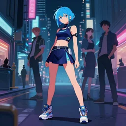 digital illustration of cyberpunk pretty girl with blue hair, wearing a crop top and a skirt, wearing nike air mags, full body pose, in city street at night, by makoto shinkai, ilya kuvshinov, lois van baarle, rossdraws, basquiat