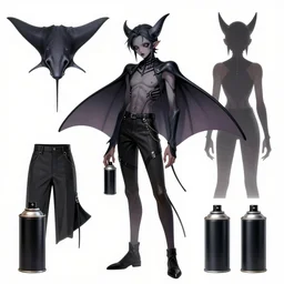 character designs for a fashionable nonbinary androgynous gothic manta ray humanoid person with manta ray fin arms who sells empty spray paint cans as a scam and is always covered in paint and acting shady, designed by splatoon nintendo, inspired by tim shafer psychonauts 2 by double fine, cgi, professional design, gaming