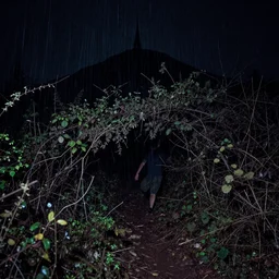Haunted kodachrome, night time scene, deep in the wet entrails of the hill!!!!! Lost in the dark Pushing through dense undergrowth, No path, just this squalid passage of mud and rain.