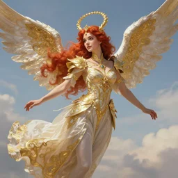beautiful angel princess flying in the sky, portrait, red hair, d & d, fantasy, intricate, elegant, golden inlays, highly detailed, digital painting, artstation, concept art, matte, sharp focus, illustration, hearthstone, art by artgerm and greg rutkowski and alphonse mucha