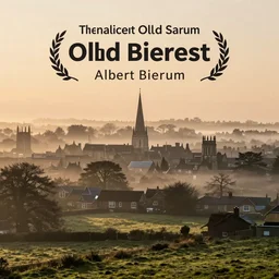 A landscape photograph showing the city of Salisbury viewed from Old Sarum at sunrise, lighting by Albert Bierstadt, misty!!!, beautiful light, cinematic, morning light, dawn, English countryside, award winning photography, highly detailed, 24mm, fujifilm