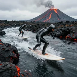 people in suits of armor surfing down a river of lava on the side of a volcano on surfboards, action shot, dystopian, motion blur, sharp focus, cinematic