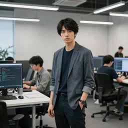 UHD hyperrealistic photorealistic detailed image of Naoki Yoshida standing in an office, leading on programmers, coders and animators to finish A Realm Reborn in time