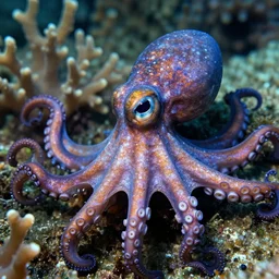 hypercolor octopus eye emerging from the coral