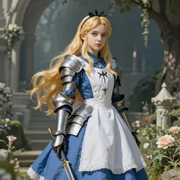 Alice in wonderland in the aesthetic of Elden ring, blond Alice in armor,