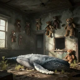 screenshot of an abandoned house, lot of creepy teddy hang on the wall and a gaint whale corpse on ground, strong sunlight, 8 k, unreal engine.