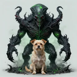 a small dog fused with cthulu lovecraftian cyclopean dark black and green