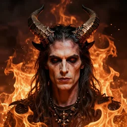 Satanic Carl Sagan, portrait. evil. horns. flames. hyper realistic
